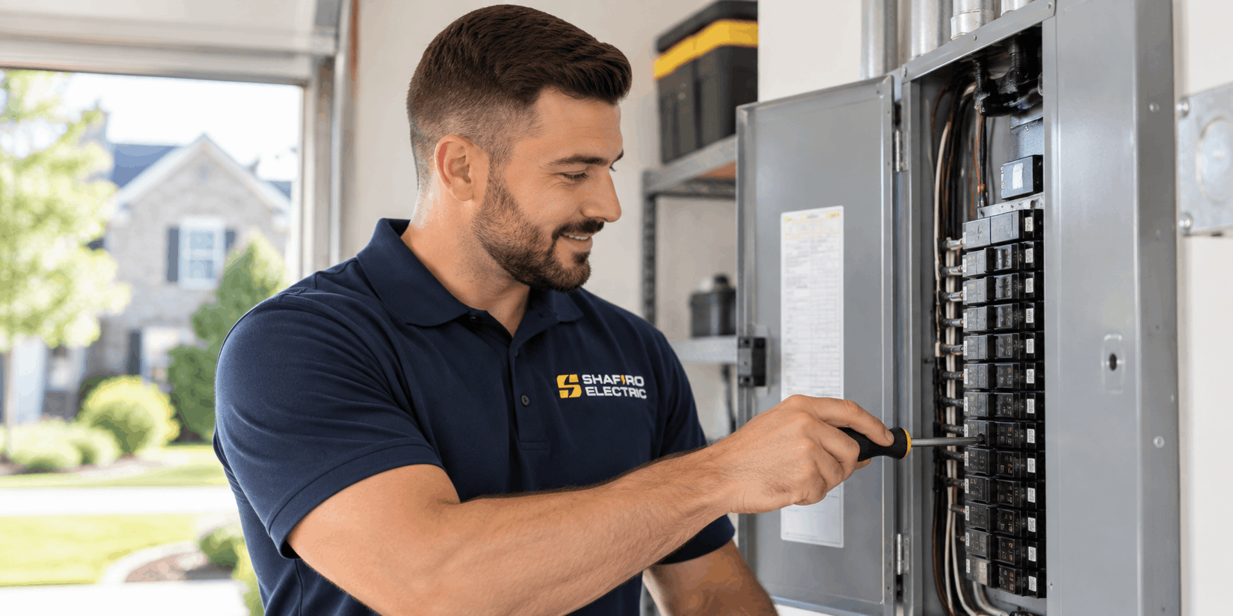 Shafiro Electric electrician inspecting a residential electrical panel