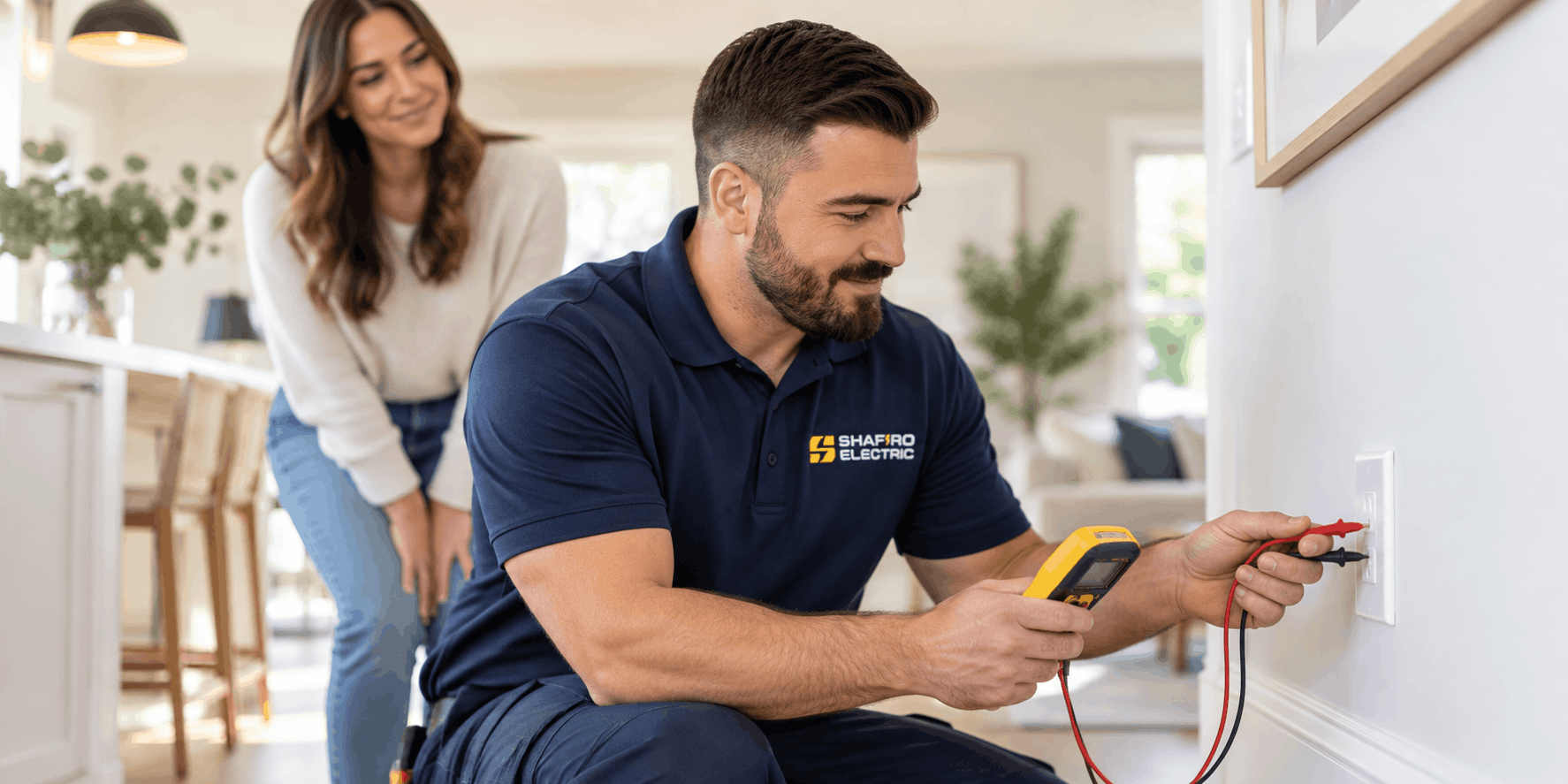 Shafiro Electric electrician testing a residential electrical outlet