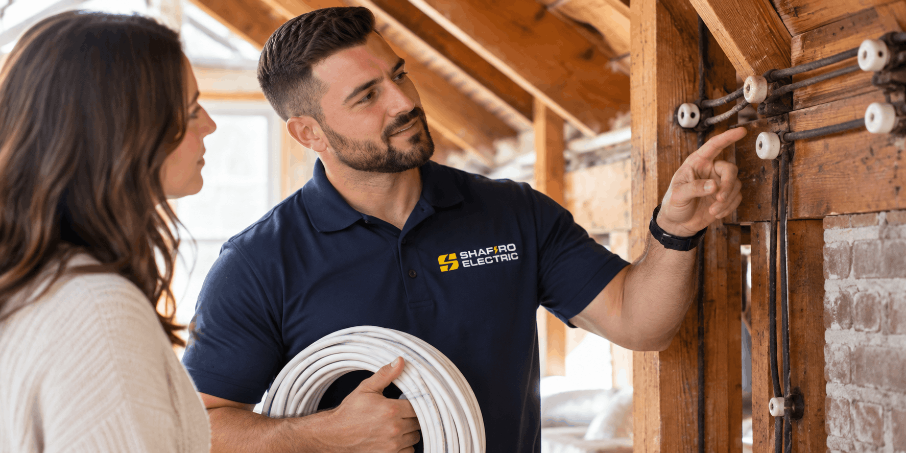 Electrician discussing old knob and tube wiring with a homeowner